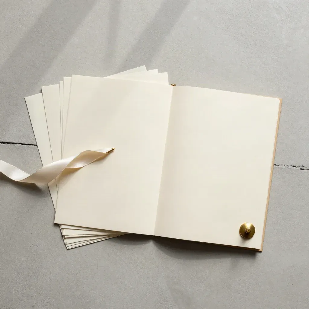 Overhead valuation dossier with brass weight, ribbon and blank spread on pale concrete