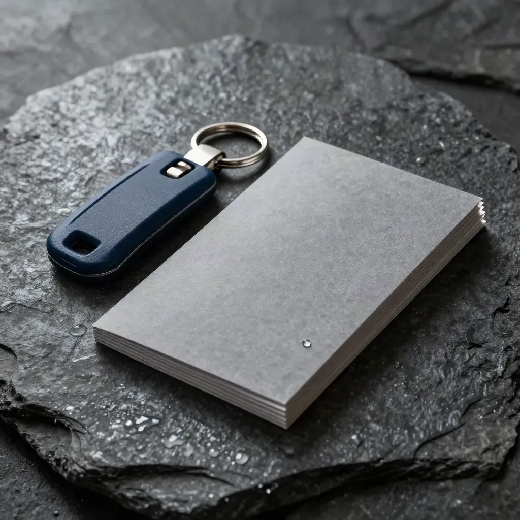 Wet stone close-up of a tenant find service kit with key fob and folded card sleeve