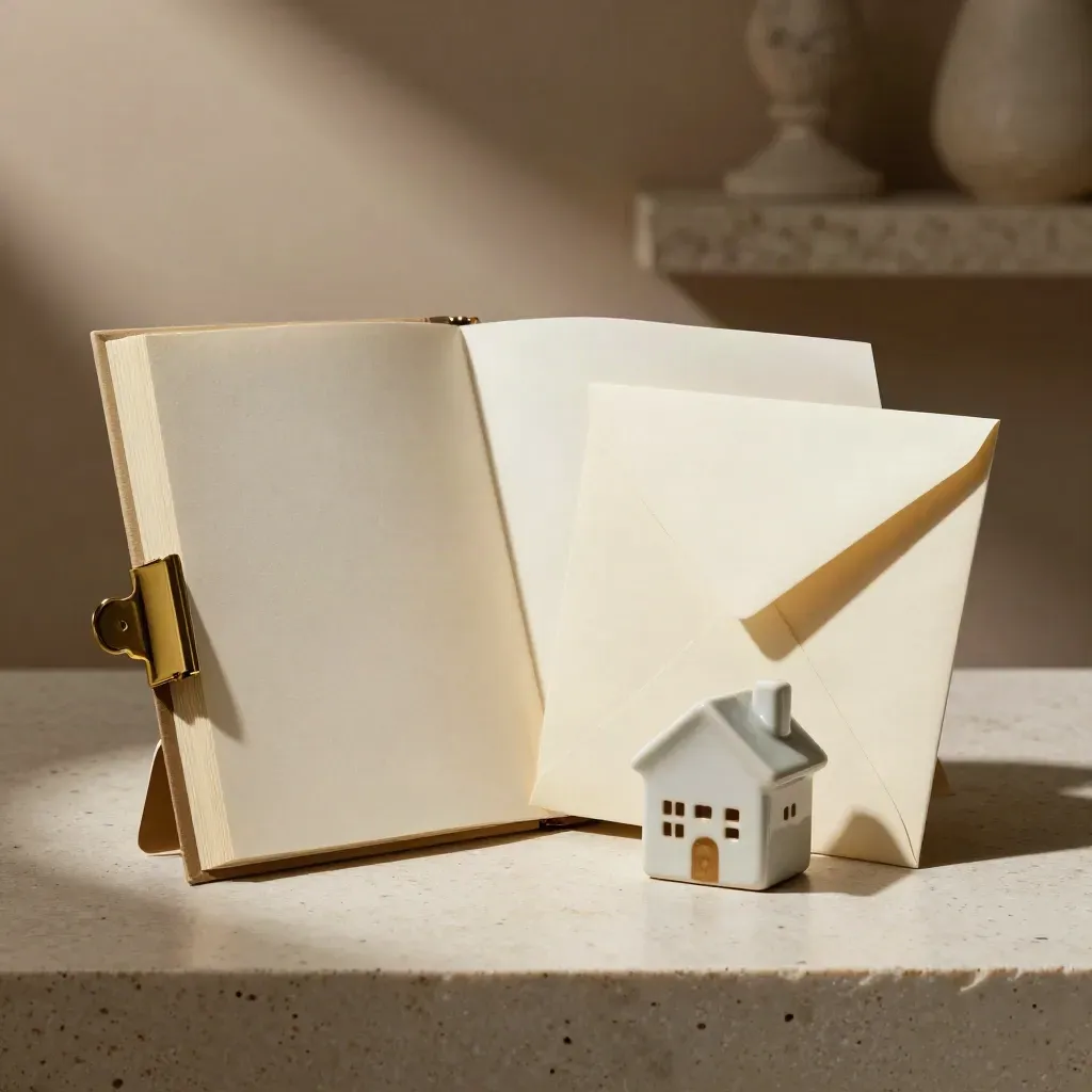 Ivory valuation dossier with brass clip, ceramic house token and envelope on pale travertine.