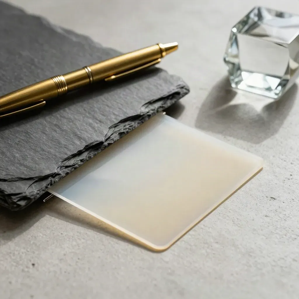 Translucent sleeve, slate divider, brass pen and paperweight on pale concrete, lit in macro detail.