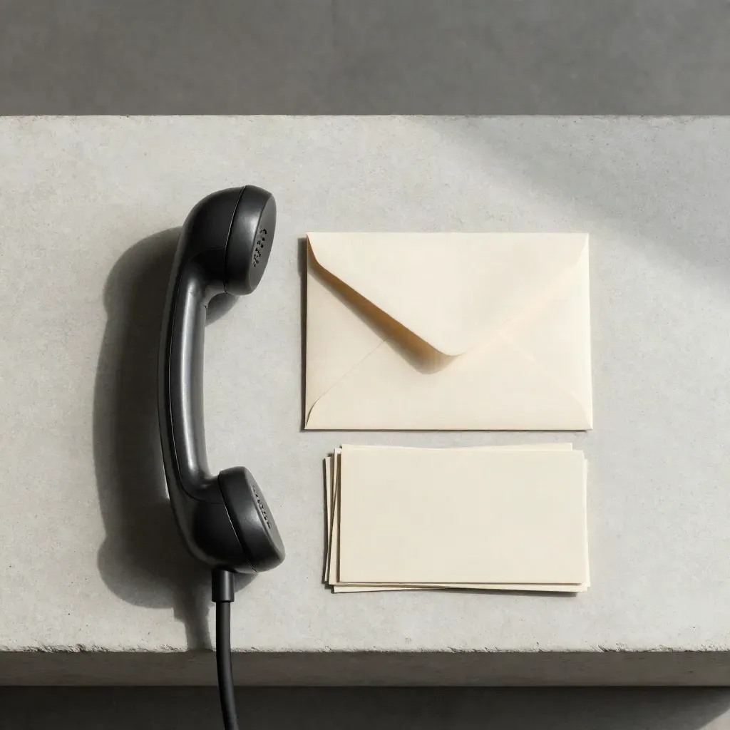 Overhead flatlay of a handset, sealed envelope and stacked cards on pale concrete.